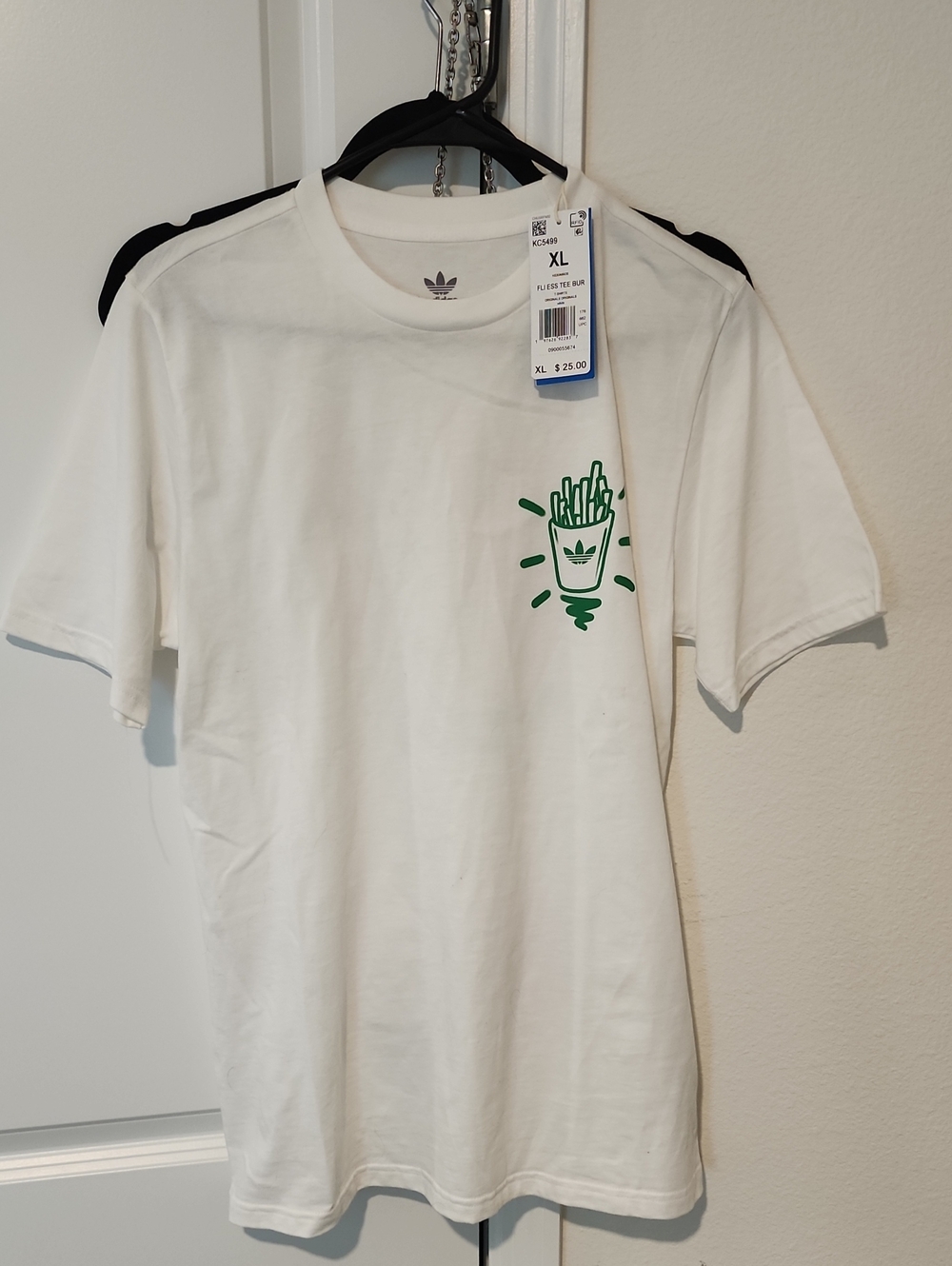 adidas White Short Sleeve Tee with Green Fries Graphic - XL